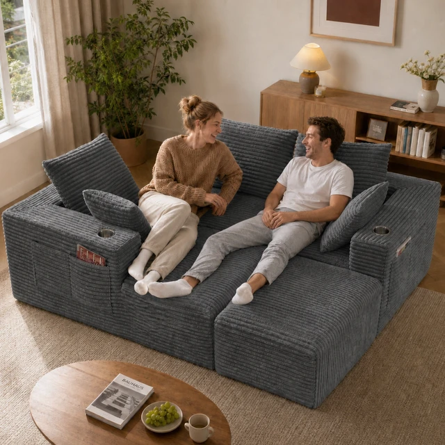Alt view image 5 of 7 - Inchmodular Combination Sofa with L-Shaped Lounge Chair, Four Seater Design with Footrest, Gray, Fabric, Sectionals