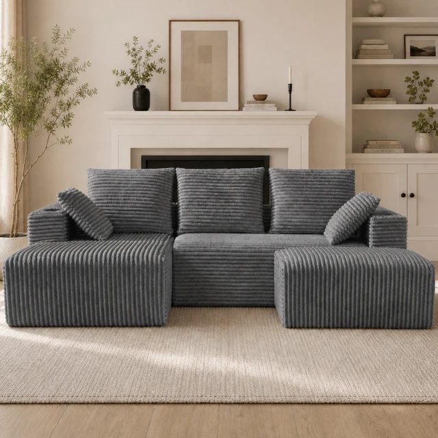 Alt view image 3 of 7 - Inchmodular Combination Sofa with L-Shaped Lounge Chair, Four Seater Design with Footrest, Gray, Fabric, Sectionals