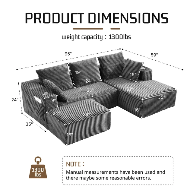 Alt view image 2 of 7 - Inchmodular Combination Sofa with L-Shaped Lounge Chair, Four Seater Design with Footrest, Gray, Fabric, Sectionals