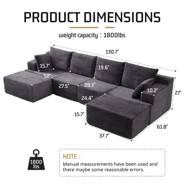 Alt view image 2 of 7 - 131 Inch Cloud Sofa with Ottoman, Grey, Corduroy, Sectionals