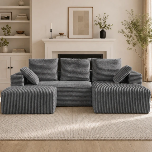 Alt view image 4 of 7 - Inchmodular Combination Sofa with L-Shaped Lounge Chair, Four Seater Design with Footrest, Gray, Fabric, Sectionals