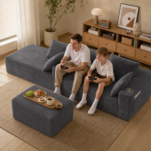 Alt view image 5 of 7 - Inchmodular Combination Sofa with L-Shaped Lounge Chair, Four Seater Design with Footrest, Gray, Fabric, Sectionals
