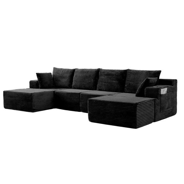 Alt view image 6 of 7 - 131 Inch Cloud Sofa with Ottoman, Black, Corduroy, Sectionals