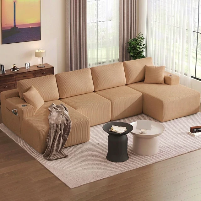Main image of 130 Inch Shaped Modular Sectional Sofa with Chaise, Corduroy Flexible Module Seating for Living, Brown, Fabric