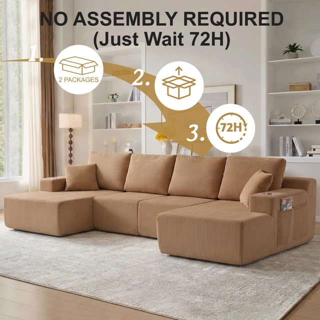 Alt view image 3 of 7 - 130 Inch Shaped Modular Sectional Sofa with Chaise, Corduroy Flexible Module Seating for Living, Brown, Fabric