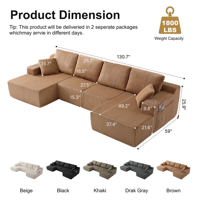 Alt view image 2 of 7 - 130 Inch Shaped Modular Sectional Sofa with Chaise, Corduroy Flexible Module Seating for Living, Brown, Fabric