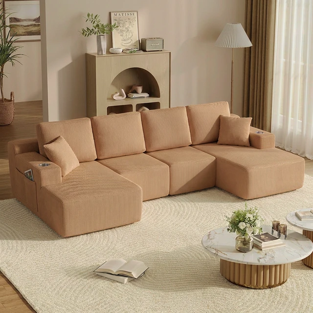 Alt view image 6 of 7 - 130 Inch Shaped Modular Sectional Sofa with Chaise, Corduroy Flexible Module Seating for Living, Brown, Fabric