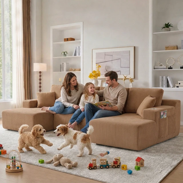 Alt view image 4 of 7 - 130 Inch Shaped Modular Sectional Sofa with Chaise, Corduroy Flexible Module Seating for Living, Brown, Fabric