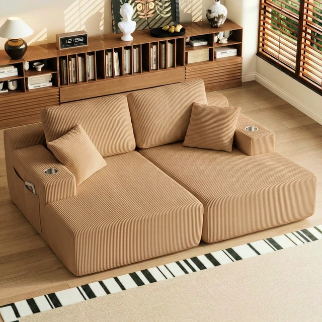 Alt view image 5 of 7 - 130 Inch Shaped Modular Sectional Sofa with Chaise, Corduroy Flexible Module Seating for Living, Brown, Fabric