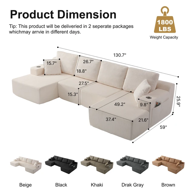 Alt view image 2 of 7 - 130 Inch Shaped Modular Sectional Sofa with Chaise, Corduroy Flexible Module Seating for Living, White, Fabric
