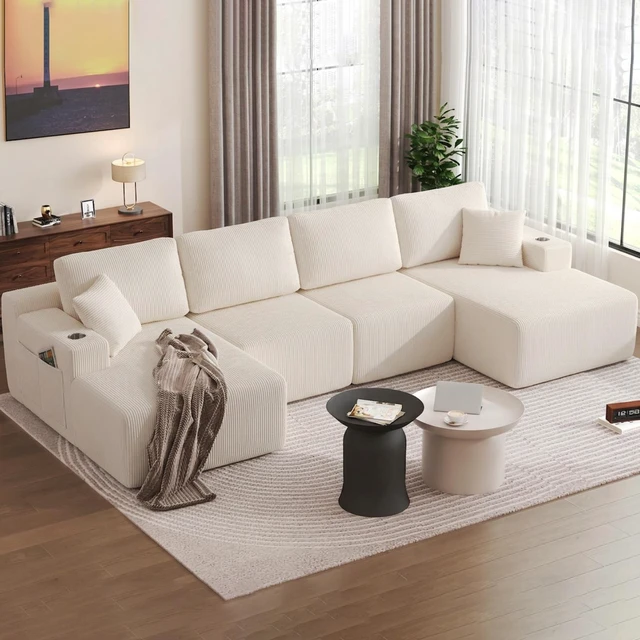 Main image of 130 Inch Shaped Modular Sectional Sofa with Chaise, Corduroy Flexible Module Seating for Living, White, Fabric