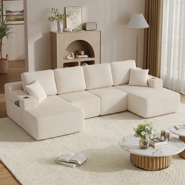 Alt view image 4 of 7 - 130 Inch Shaped Modular Sectional Sofa with Chaise, Corduroy Flexible Module Seating for Living, White, Fabric