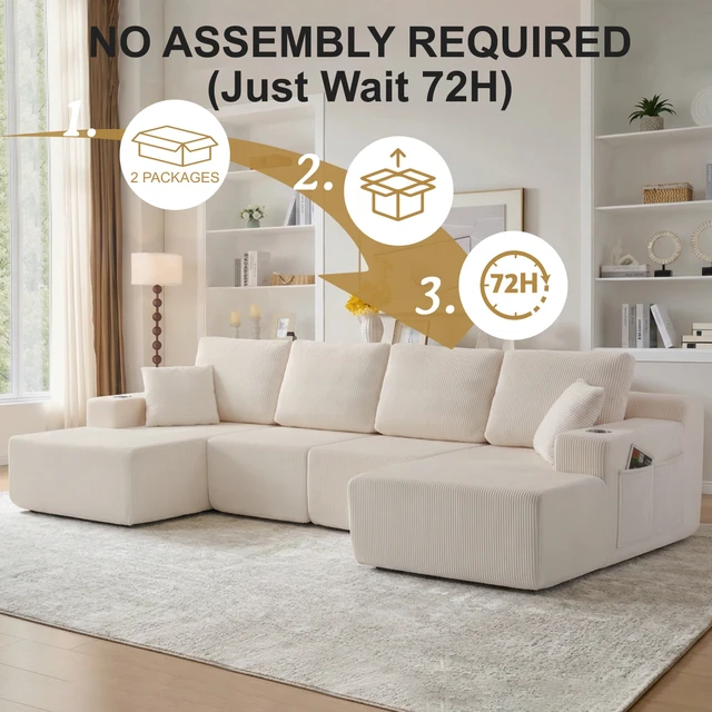 Alt view image 3 of 7 - 130 Inch Shaped Modular Sectional Sofa with Chaise, Corduroy Flexible Module Seating for Living, White, Fabric