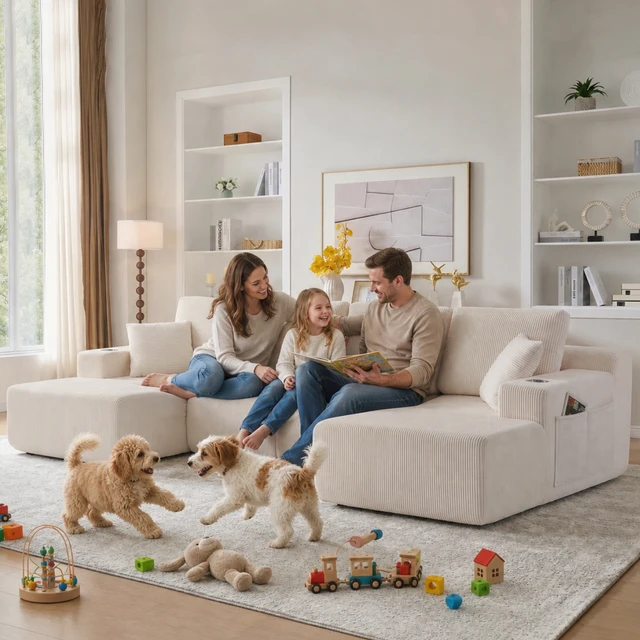 Alt view image 5 of 7 - 130 Inch Shaped Modular Sectional Sofa with Chaise, Corduroy Flexible Module Seating for Living, White, Fabric