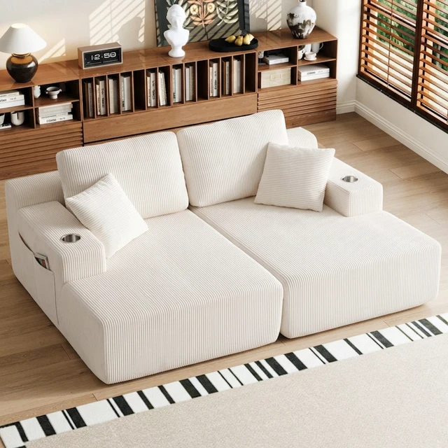Alt view image 7 of 7 - 130 Inch Shaped Modular Sectional Sofa with Chaise, Corduroy Flexible Module Seating for Living, White, Fabric