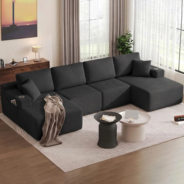 Main image of 130 Inch Shaped Modular Sectional Sofa with Chaise, Corduroy Flexible Module Seating for Living, Black, Fabric