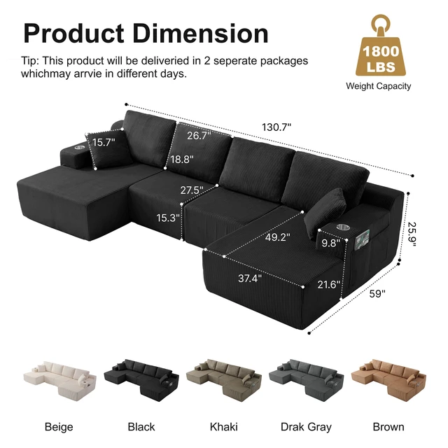 Alt view image 2 of 7 - 130 Inch Shaped Modular Sectional Sofa with Chaise, Corduroy Flexible Module Seating for Living, Black, Fabric