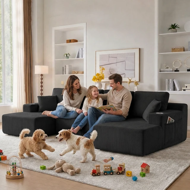 Alt view image 7 of 7 - 130 Inch Shaped Modular Sectional Sofa with Chaise, Corduroy Flexible Module Seating for Living, Black, Fabric