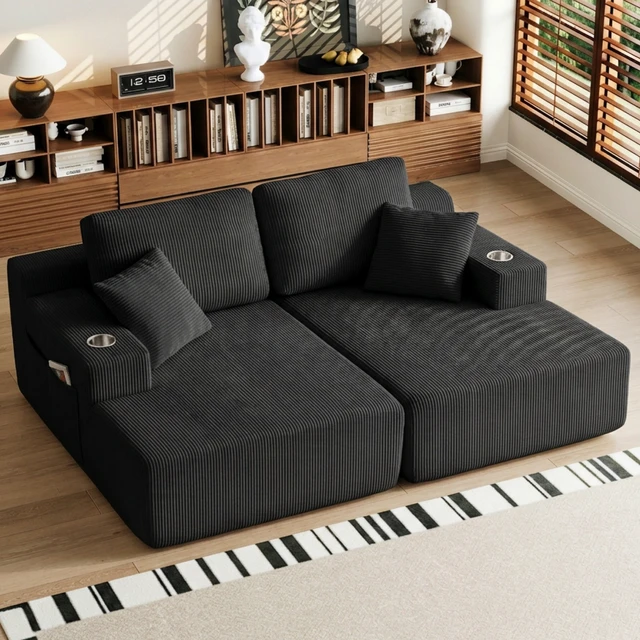 Alt view image 6 of 7 - 130 Inch Shaped Modular Sectional Sofa with Chaise, Corduroy Flexible Module Seating for Living, Black, Fabric