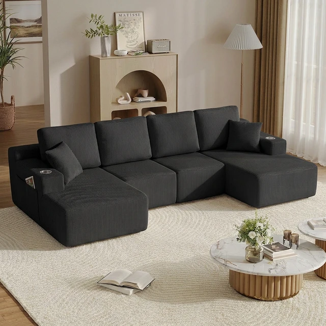 Alt view image 3 of 7 - 130 Inch Shaped Modular Sectional Sofa with Chaise, Corduroy Flexible Module Seating for Living, Black, Fabric