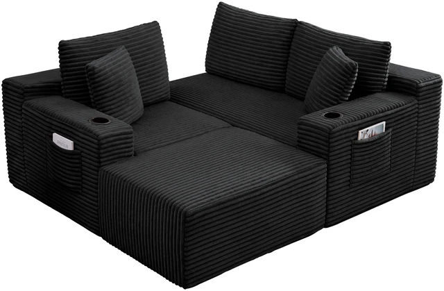 Alt view image 2 of 7 - L-Shaped Sectional Sofa with Ottoman, Corduroy 3 Seat Couch for Living, Black, Corduroy