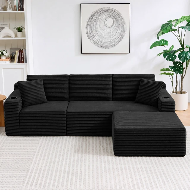 Main image of L-Shaped Sectional Sofa with Ottoman, Corduroy 3 Seat Couch for Living, Black, Corduroy