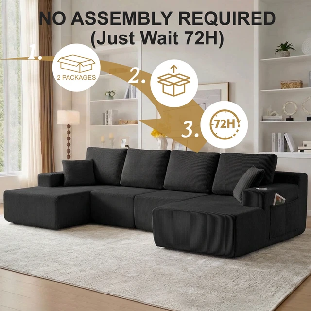 Alt view image 4 of 7 - 130 Inch Shaped Modular Sectional Sofa with Chaise, Corduroy Flexible Module Seating for Living, Black, Fabric