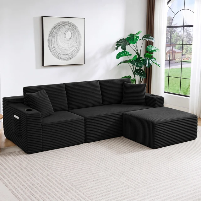 Alt view image 3 of 7 - L-Shaped Sectional Sofa with Ottoman, Corduroy 3 Seat Couch for Living, Black, Corduroy