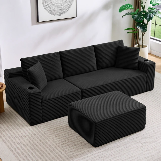 Alt view image 5 of 7 - L-Shaped Sectional Sofa with Ottoman, Corduroy 3 Seat Couch for Living, Black, Corduroy