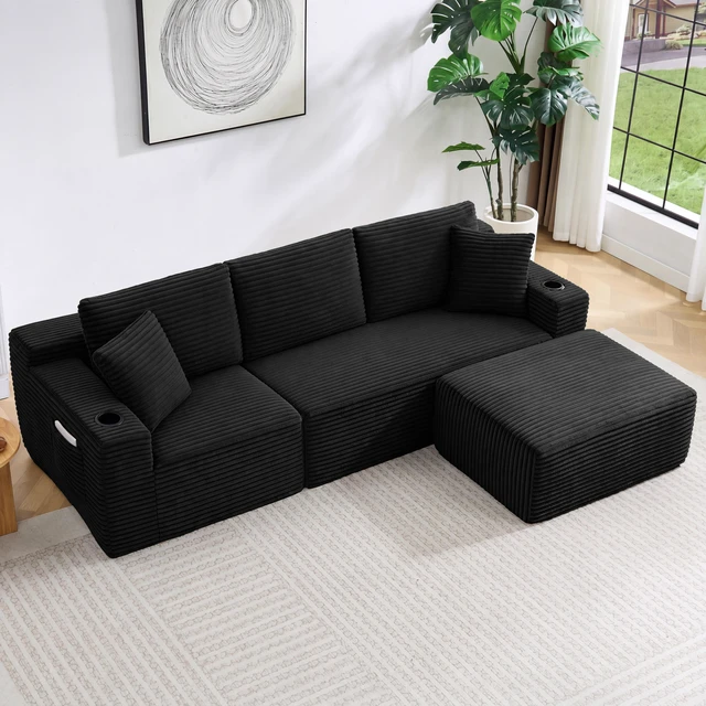 Alt view image 6 of 7 - L-Shaped Sectional Sofa with Ottoman, Corduroy 3 Seat Couch for Living, Black, Corduroy