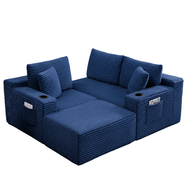 Alt view image 3 of 6 - L-Shaped Sectional Sofa with Ottoman, Corduroy 3 Seat Couch for Living, Blue, Corduroy