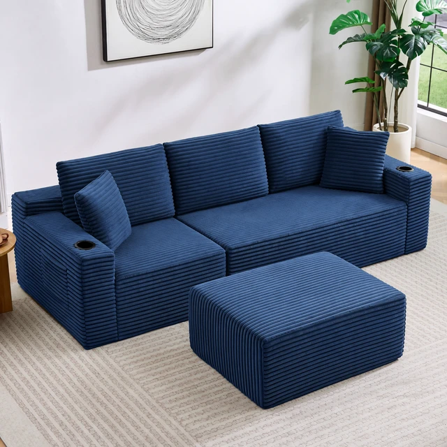 Alt view image 2 of 6 - L-Shaped Sectional Sofa with Ottoman, Corduroy 3 Seat Couch for Living, Blue, Corduroy