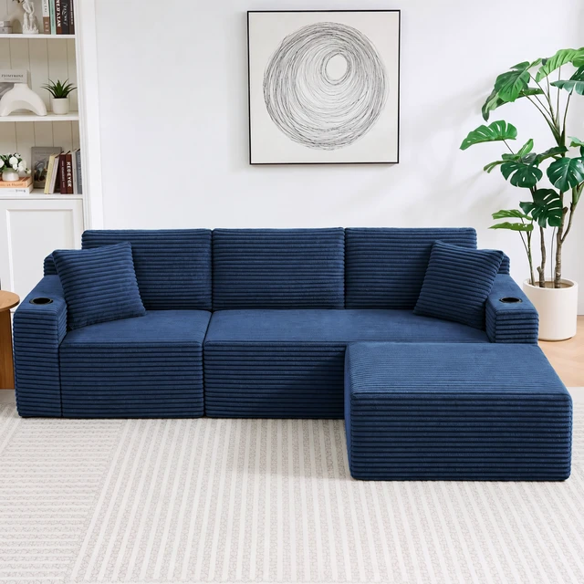 Alt view image 4 of 6 - L-Shaped Sectional Sofa with Ottoman, Corduroy 3 Seat Couch for Living, Blue, Corduroy
