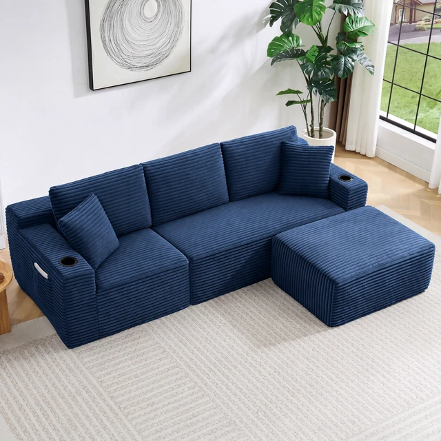 Main image of L-Shaped Sectional Sofa with Ottoman, Corduroy 3 Seat Couch for Living, Blue, Corduroy