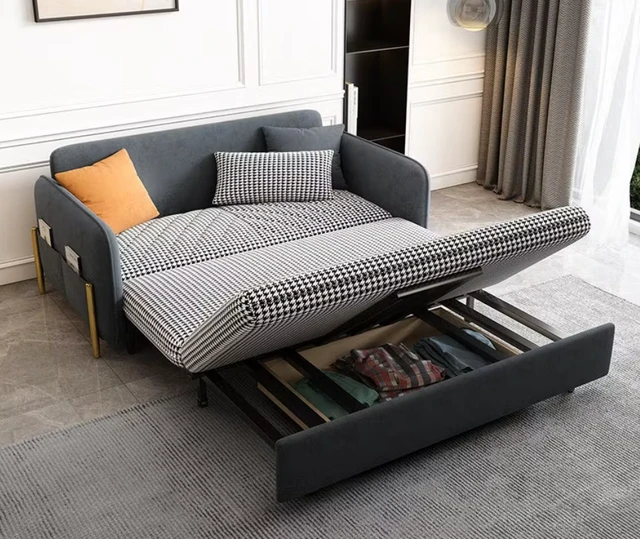 Alt view image 2 of 5 - Velvet Sofa Bed with Storage and Metal Frame, Grey, Metal and Wood, Sofa Beds
