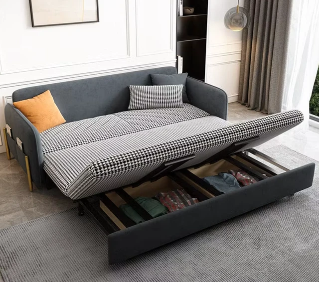 Alt view image 4 of 5 - Velvet Sofa Bed with Storage and Metal Frame, Grey, Metal and Wood, Sofa Beds