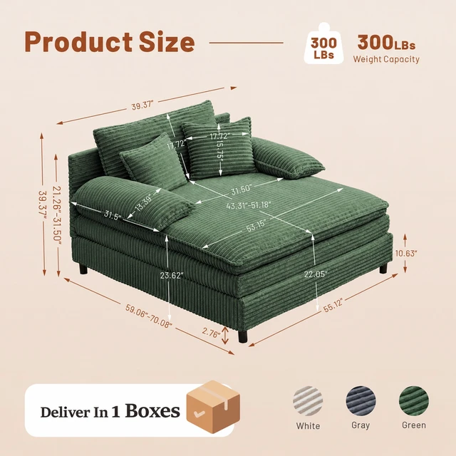 Alt view image 4 of 7 - 55 Inch Reclining Chaise Lounge Chair Indoor with Gear Adjustable Backrest, Deep Seat Recliner with Pillows Single