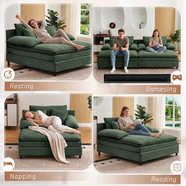 Alt view image 3 of 7 - 55 Inch Reclining Chaise Lounge Chair Indoor with Gear Adjustable Backrest, Deep Seat Recliner with Pillows Single