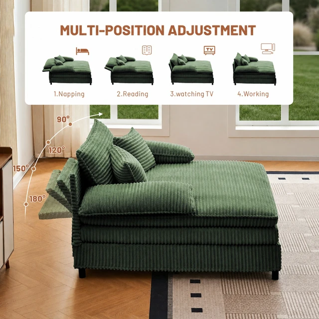 Alt view image 5 of 7 - 55 Inch Reclining Chaise Lounge Chair Indoor with Gear Adjustable Backrest, Deep Seat Recliner with Pillows Single