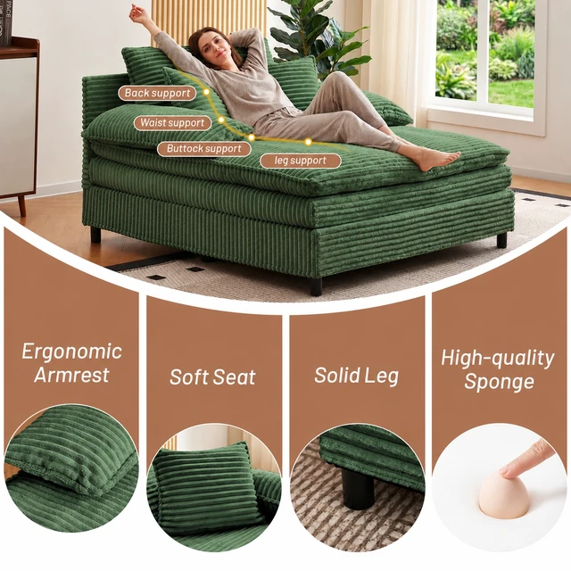 Alt view image 6 of 7 - 55 Inch Reclining Chaise Lounge Chair Indoor with Gear Adjustable Backrest, Deep Seat Recliner with Pillows Single