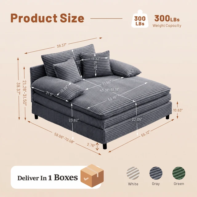 Alt view image 3 of 7 - 55 Inch Reclining Chaise Lounge Chair Indoor with Gear Adjustable Backrest, Deep Seat Recliner with Pillows Single