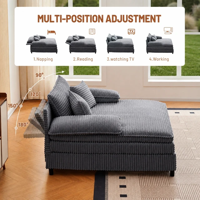 Alt view image 7 of 7 - 55 Inch Reclining Chaise Lounge Chair Indoor with Gear Adjustable Backrest, Deep Seat Recliner with Pillows Single