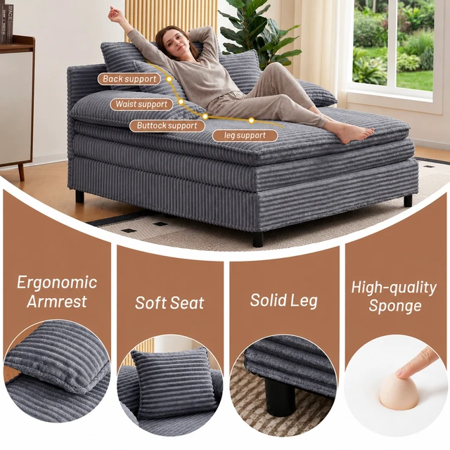 Alt view image 6 of 7 - 55 Inch Reclining Chaise Lounge Chair Indoor with Gear Adjustable Backrest, Deep Seat Recliner with Pillows Single