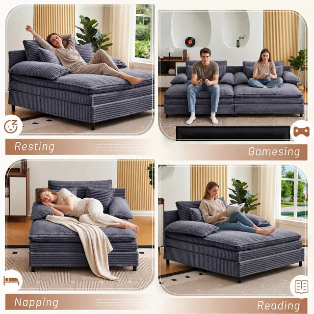 Alt view image 4 of 7 - 55 Inch Reclining Chaise Lounge Chair Indoor with Gear Adjustable Backrest, Deep Seat Recliner with Pillows Single