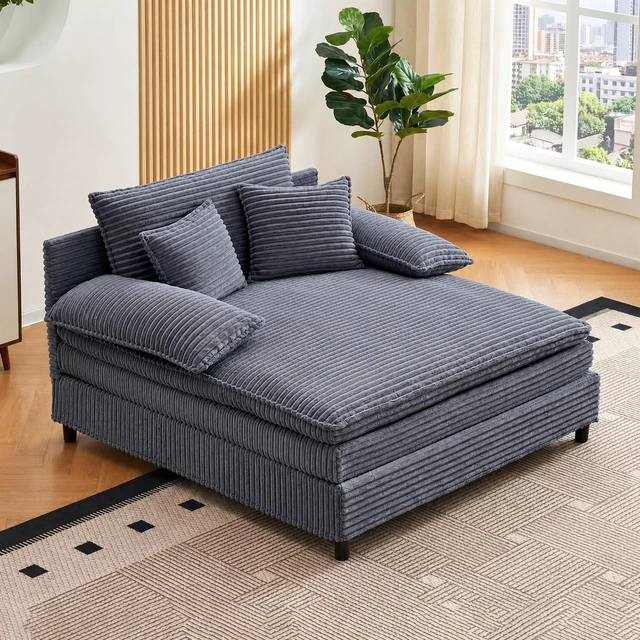 Main image of 55 Inch Reclining Chaise Lounge Chair Indoor with Gear Adjustable Backrest, Deep Seat Recliner with Pillows Single