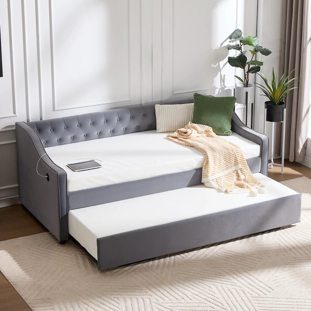 Main image of Twin Size Upholstered Daybed with Trundle, USB Port Side Pockets Velvet Daybed with Button Back and Piping Waved Shape