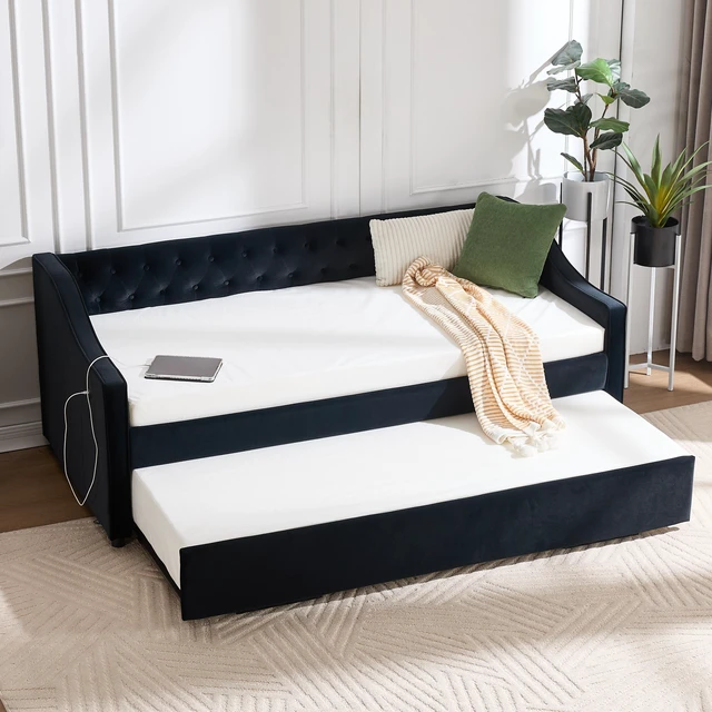 Main image of Twin Size Upholstered Daybed with Trundle, USB Port Side Pockets Velvet Daybed with Button Back and Piping Waved Shape