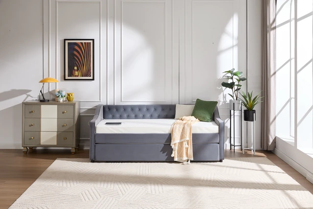 Alt view image 2 of 3 - Twin Size Upholstered Daybed with Trundle, USB Port Side Pockets Velvet Daybed with Button Back and Piping Waved Shape