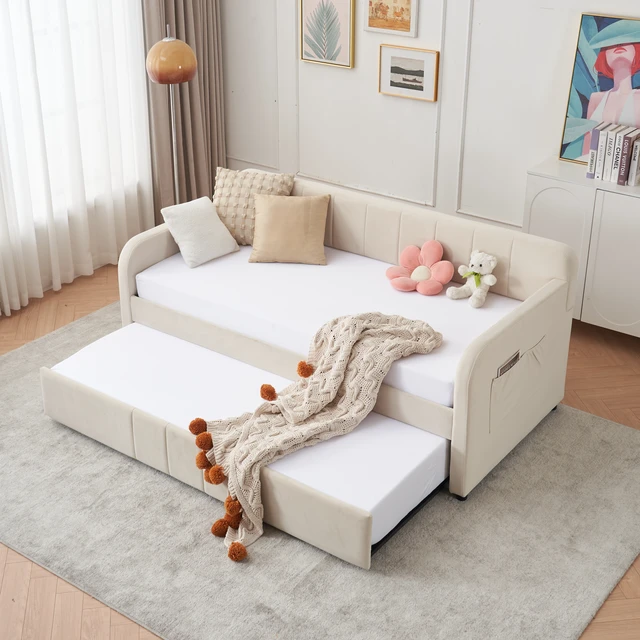 Main image of Twin Upholstered Daybed Frame with Trundle, Twin Size Sofa Bed for Living Guest Slat Support, Beige, MDF, Iron