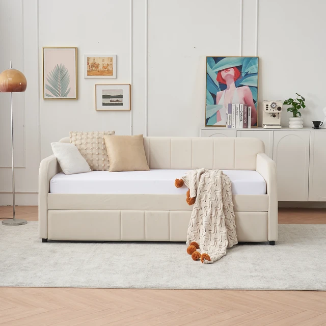 Alt view image 2 of 7 - Twin Upholstered Daybed Frame with Trundle, Twin Size Sofa Bed for Living Guest Slat Support, Beige, MDF, Iron